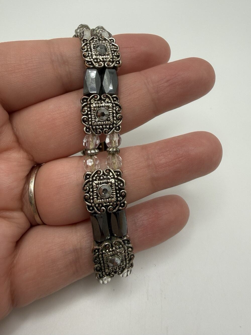 Vintage 90s Magnetite Bracelet Silver Toned Accents & Clear Beads, Stretchy